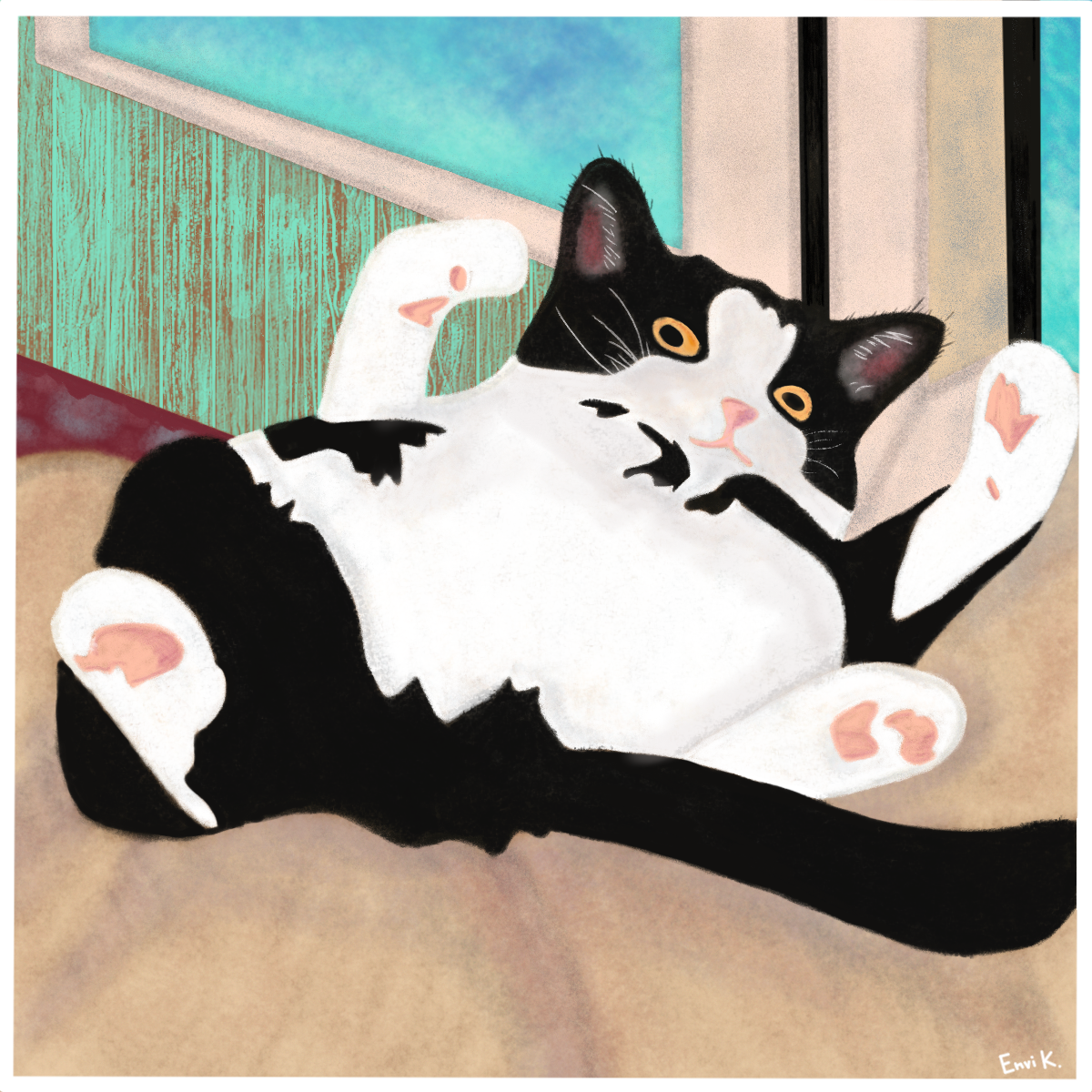 Illustration of a black and white cat lying on a windowsill with a colorful background.